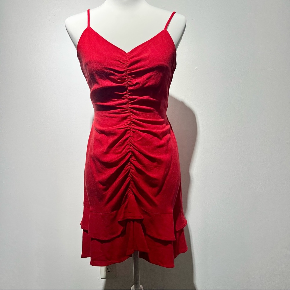❤️ NWT SZ:S,M,L She + Sky Red Linen Ruched with Ruffles open tie back Mini Dress